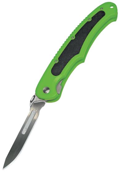 Havalon Knives Shock Green Piranta Bolt folding blade pocket knife features a g10 handle